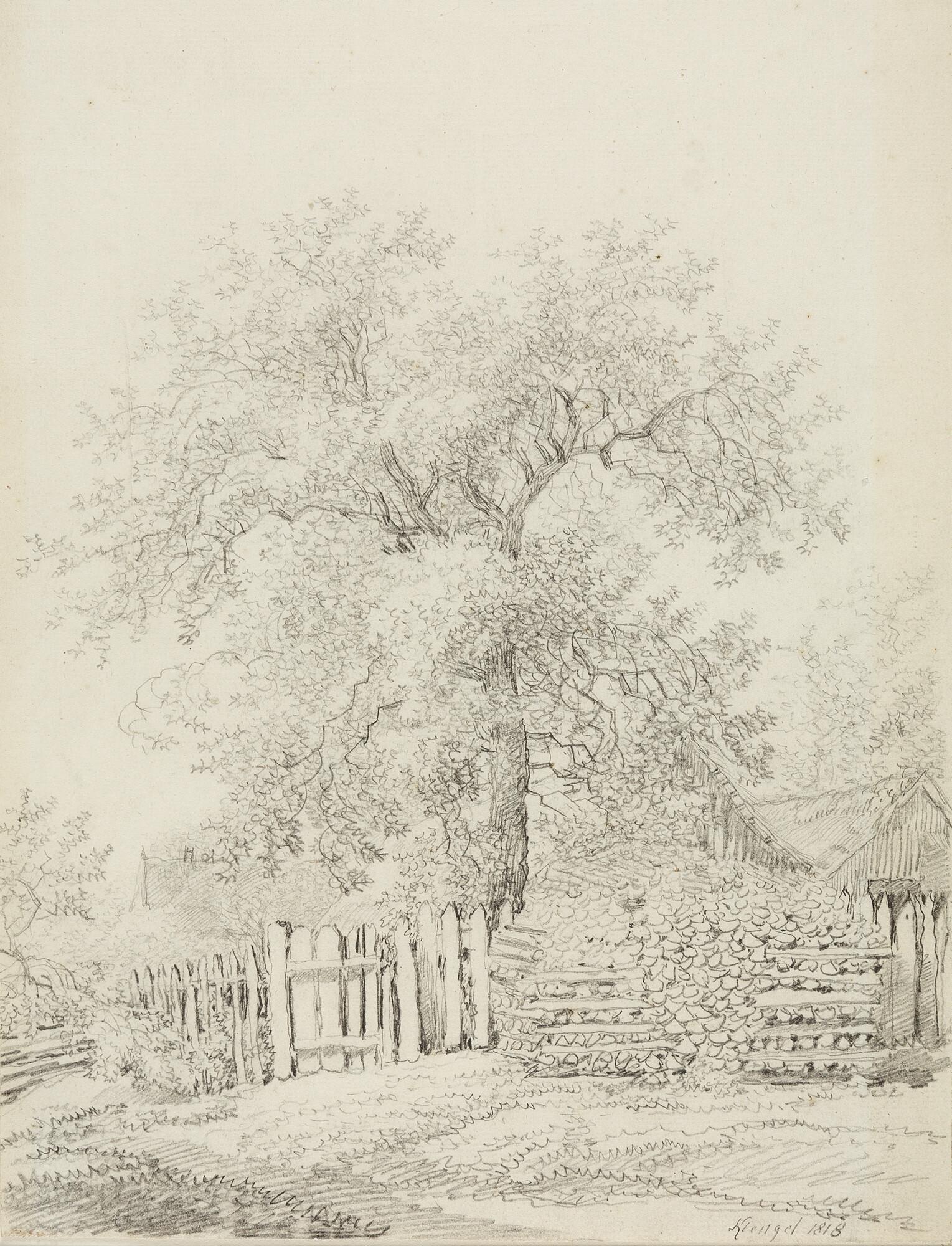 Johann Christian Klengel - Baumstudie mit Blick auf ein kleines Gehöft.