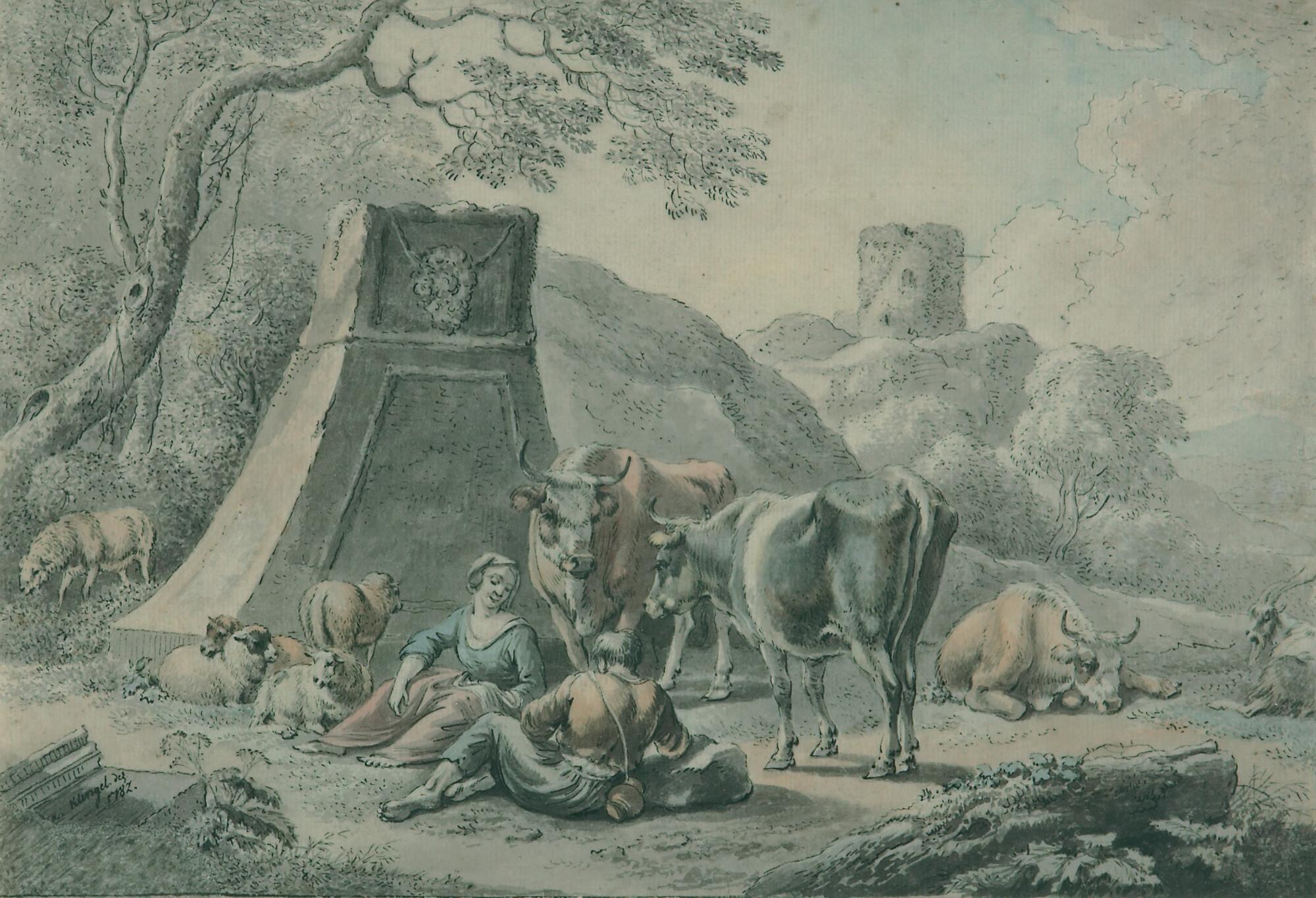Johann Christian Klengel - Hirten mit Herde am Fuße eines Sockels.