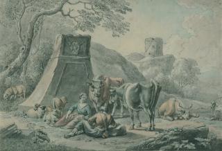 Johann Christian Klengel - Hirten mit Herde am Fuße eines Sockels.