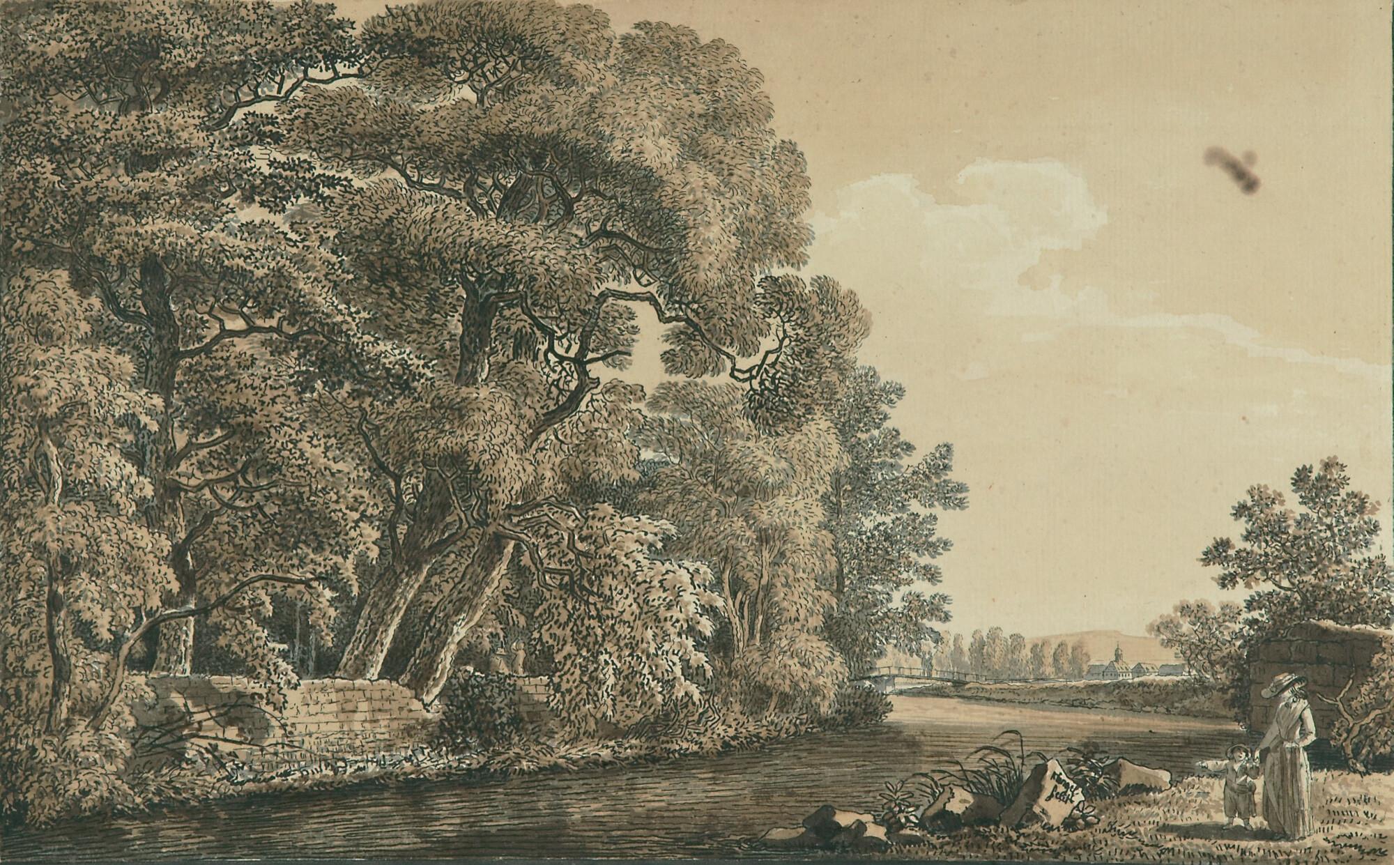 Johann Christian Klengel - Landschaft mit Figurenstaffage an bewaldetem Fluss.