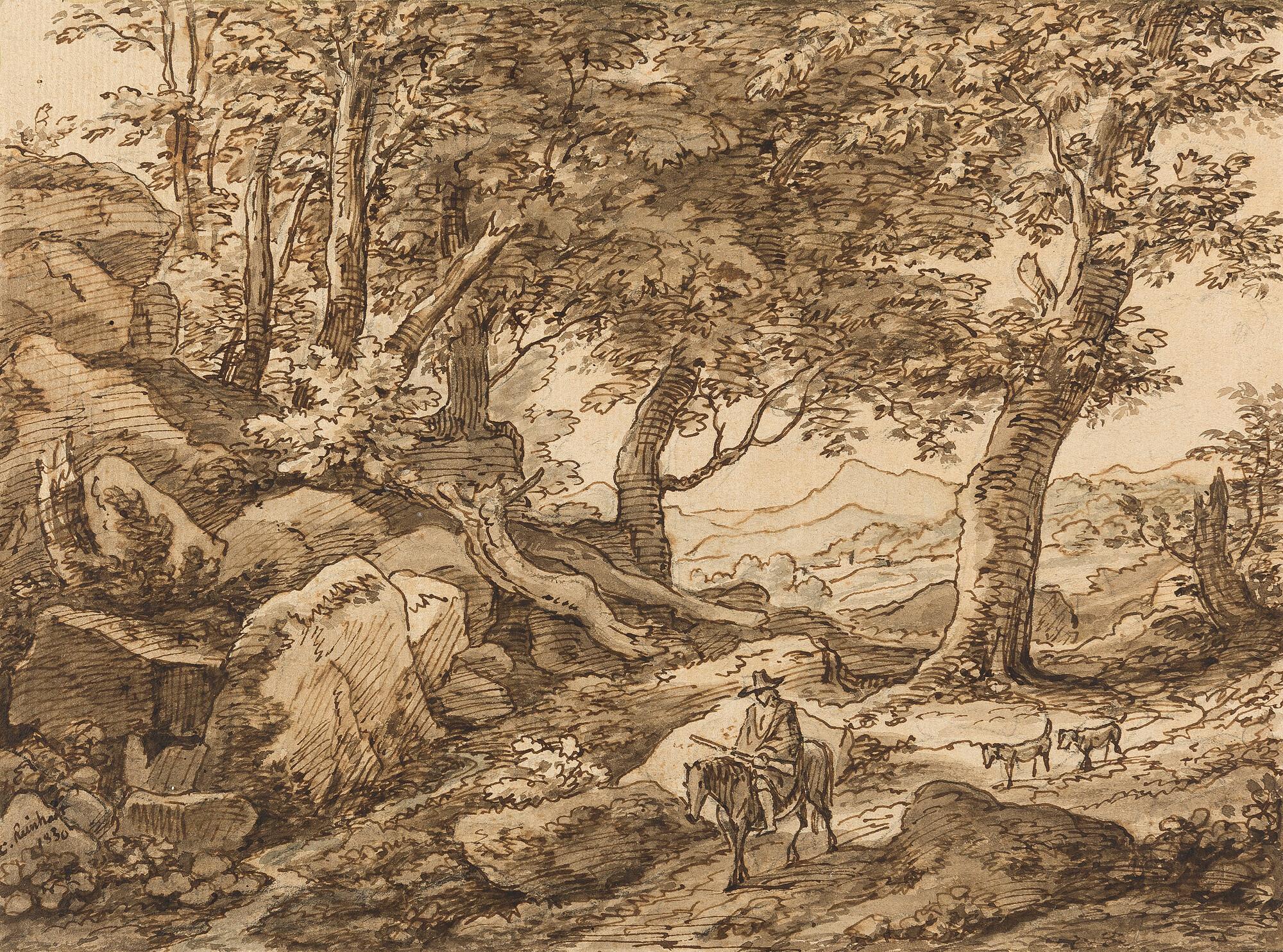 Johann Christian Reinhart - Arkadische Landschaft mit Reiter und zwei Hunden.
