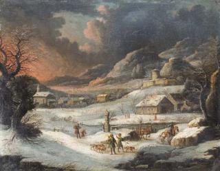 Johann Christian Vollerdt - A mountainous winter landscape with hunters in the foreground