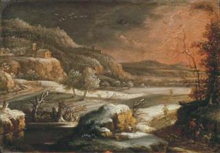 Johann Christian Vollerdt - A mountainous winter landscape with travellers on a track