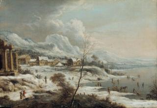 Johann Christian Vollerdt - A Rhenish winter landscape with ice skaters