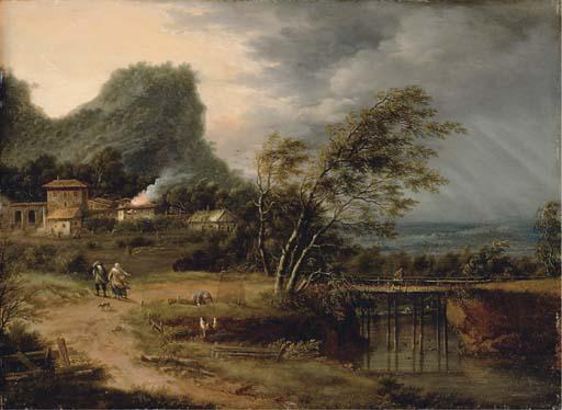 Johann Christian Vollerdt - A river landscape with figures by a bridge and a house struck by lightening beyond