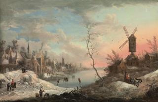 Johann Christian Vollerdt - A winter landscape with skaters on a frozen lake near a town, a windmill nearby