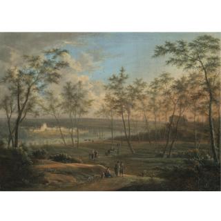 Johann Christian Vollerdt - A Wooded River Landscape With Travellers On A Path, An Abbey Beyond