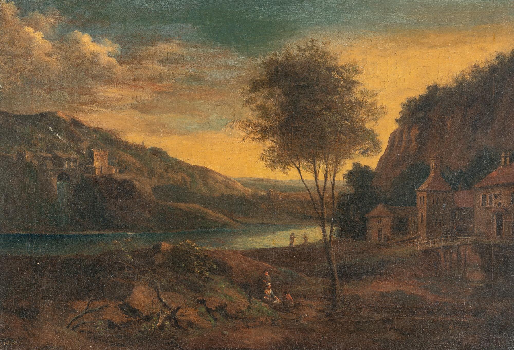 Johann Christian Vollerdt - Bergige Flusslandschaft mit einem Kastell auf einem Hügel