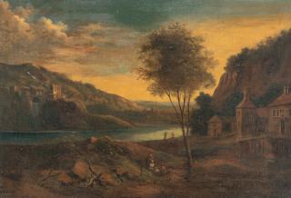 Johann Christian Vollerdt - Bergige Flusslandschaft mit einem Kastell auf einem Hügel