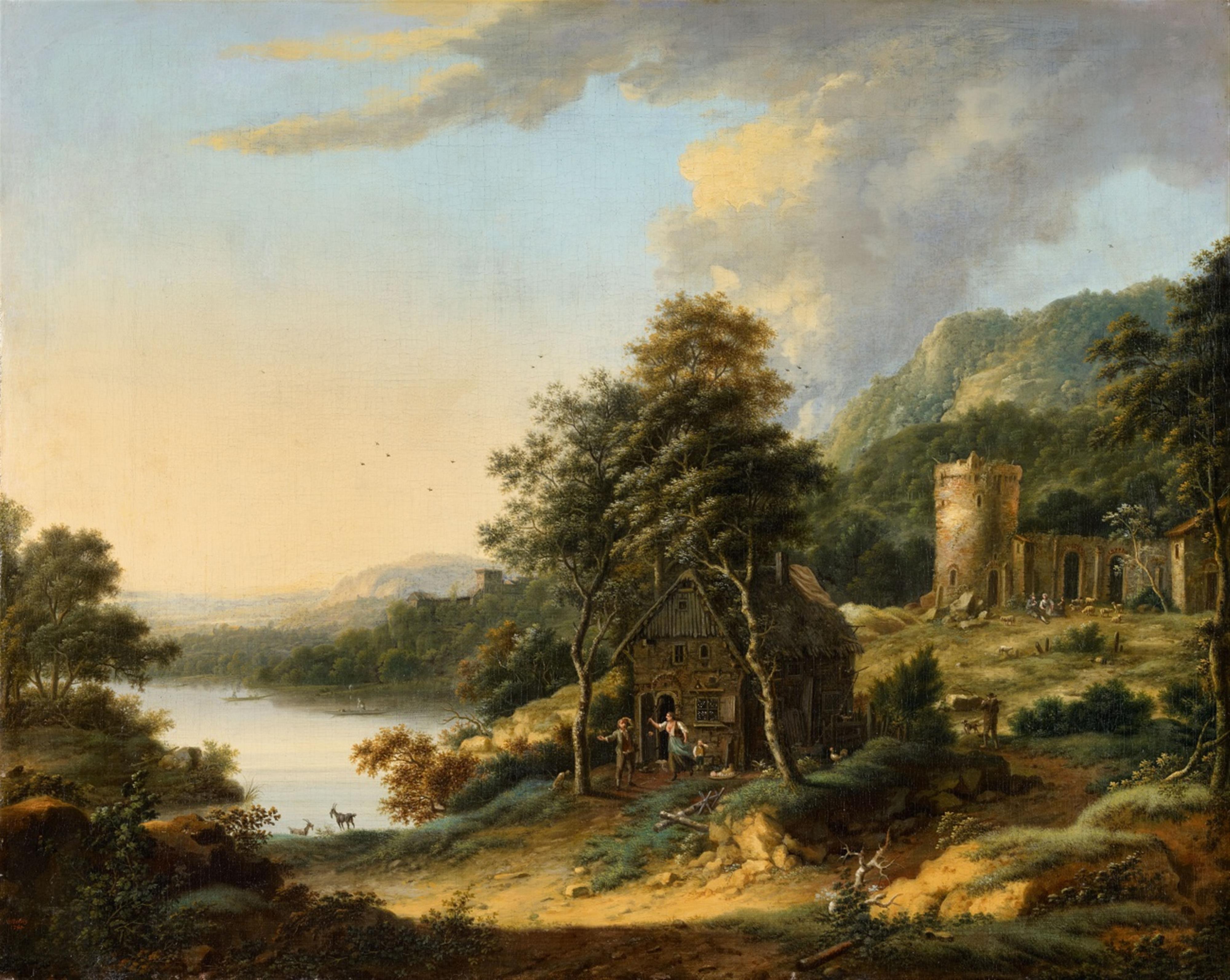 Johann Christian Vollerdt - Bewaldete Flusslandschaft mit Bauernhaus und Burgruine