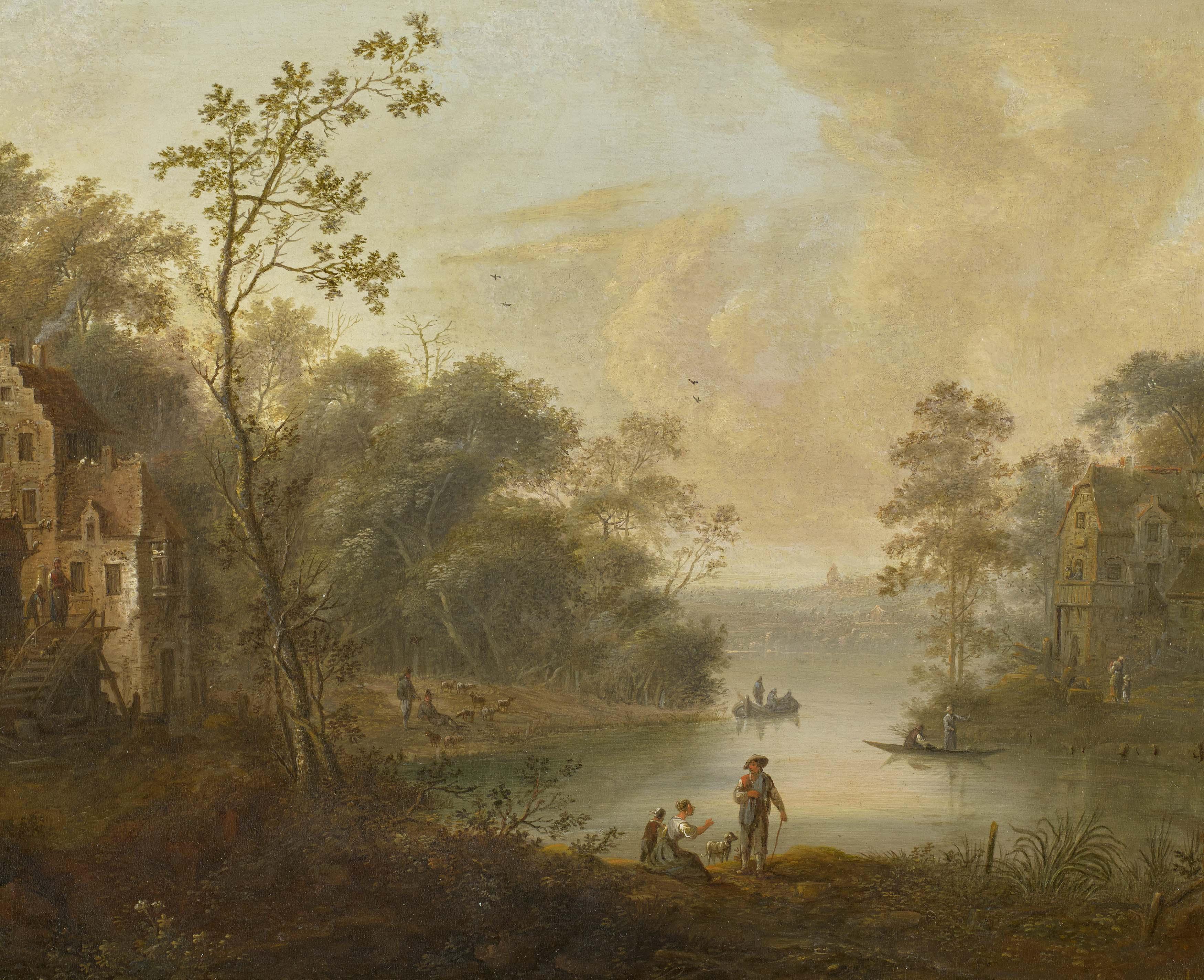 Johann Christian Vollerdt - Bewaldete Landschaft am See mit Häusern und Pesonen am Ufer