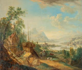 Johann Christian Vollerdt - Flusslandschaft mit Mühle und Burg auf einem Hügel