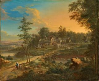 Johann Christian Vollerdt - Ideale Landschaft mit großem Bauerngehöft.