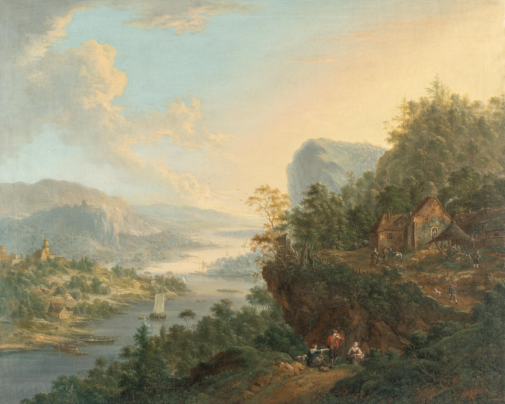 Johann Christian Vollerdt - Ideale Rheinlandschaft mit Segelschiffen und Booten