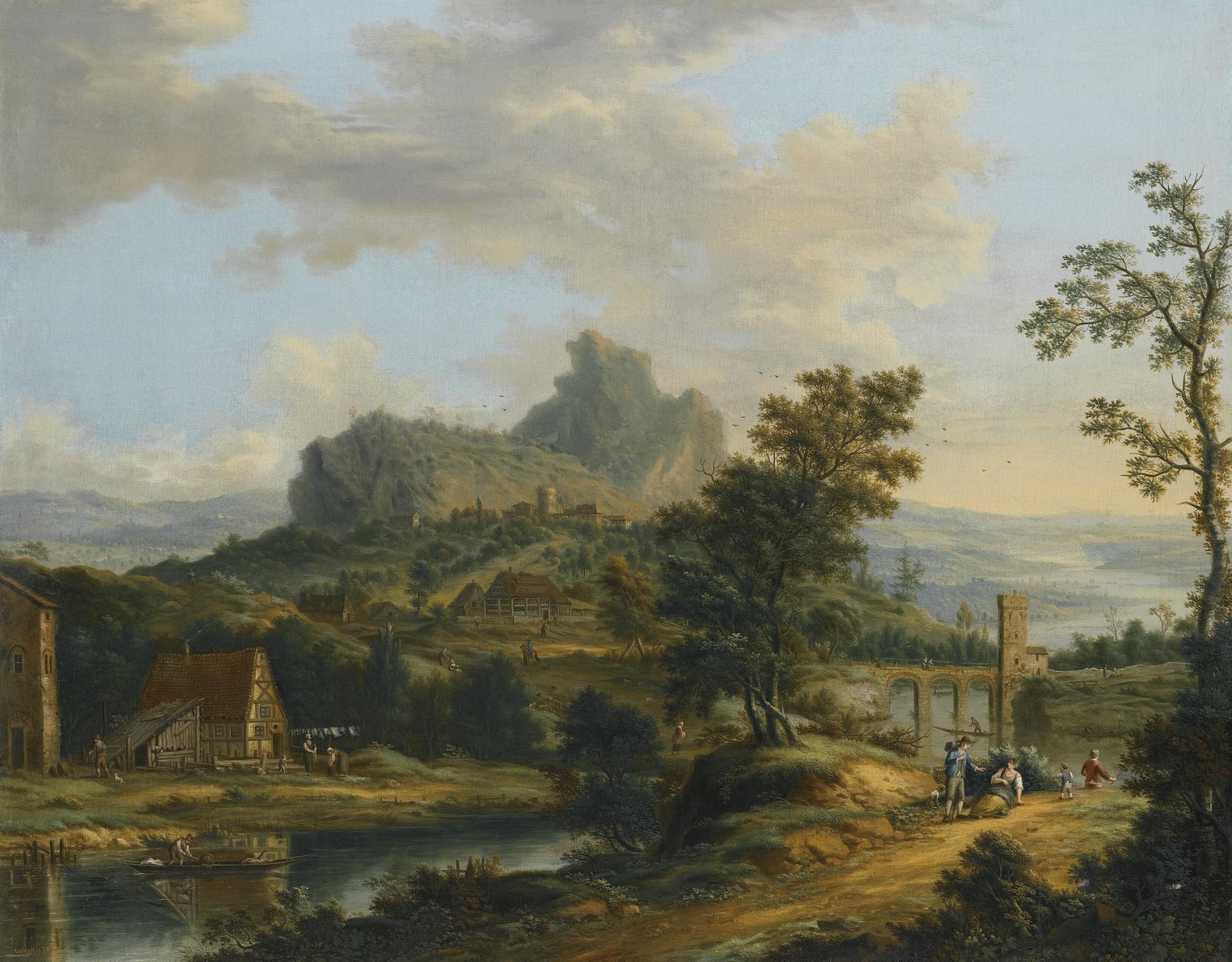 Johann Christian Vollerdt - River Landscape With Travellers Resting On A Path, A Fortified Bridge And Village Beyond