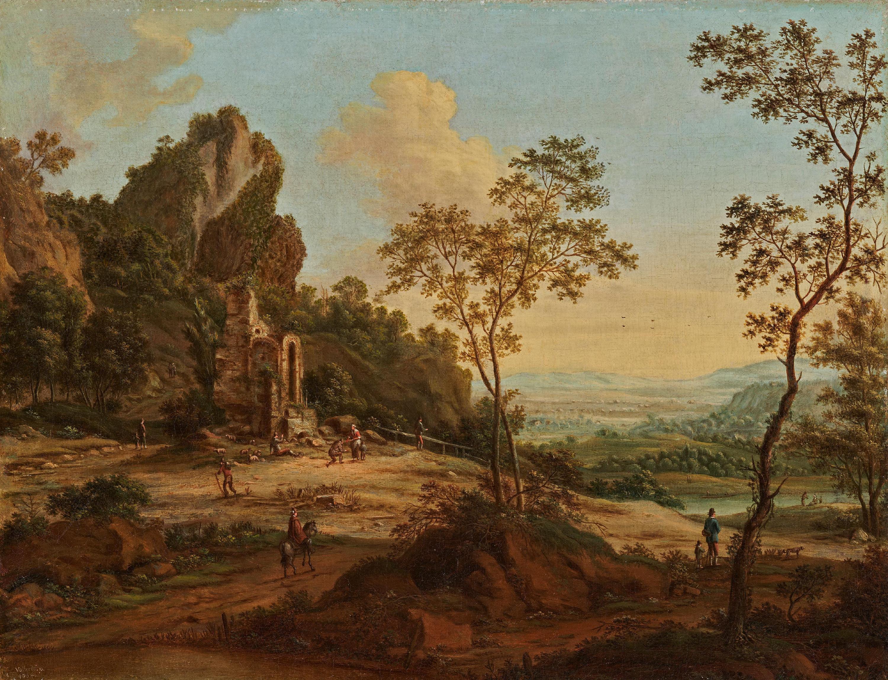Johann Christian Vollerdt - Weite Landschaft mit Hirten bei einer Ruine.