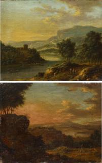 Johann Christian Vollerdt - Zwei Gemälde: Bergige Flusslandschaft mit Personen. Sowie Sonnenaufgang in Landschaft