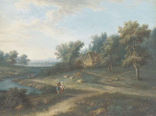 Johann Christoph Dietzsch - An extensive landscape with two figures by a stream