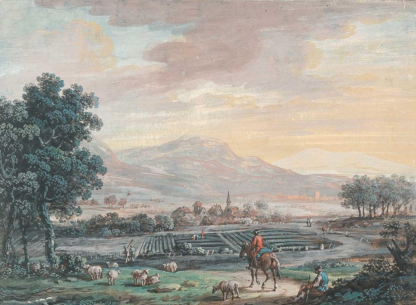 Johann Christoph Dietzsch - Feldlandschaft mit Hirte und Reiter im Abendlicht