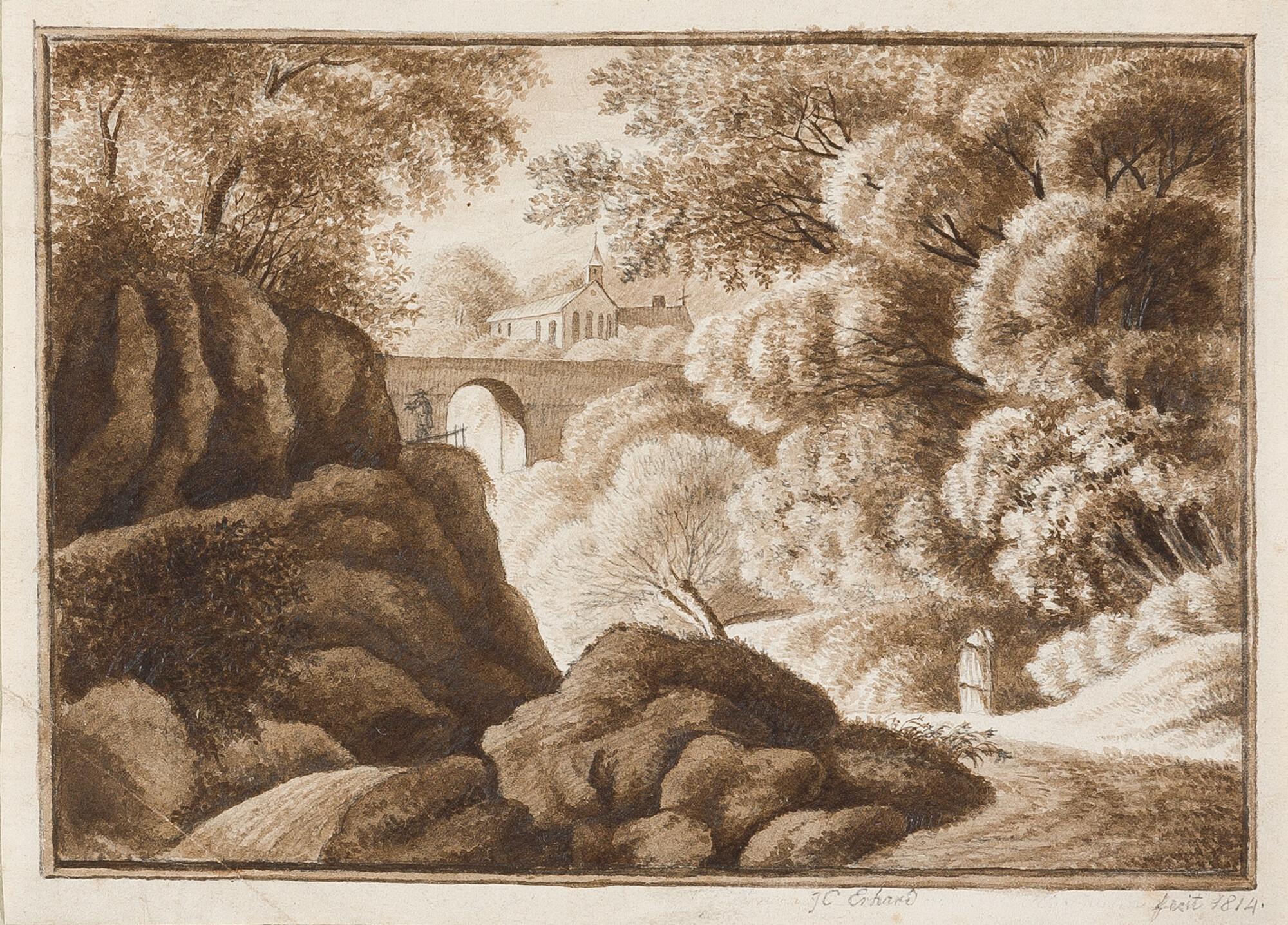 Johann Christoph Erhard - Pilger in Waldlandschaft, im Hintergrund mit dem Blick auf ein