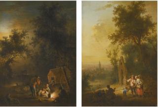 Johann Conrad Seekatz - A Landscape With Travellers At Night Resting By A Roadside Fire; A Landscape With Travellers Outside A Town