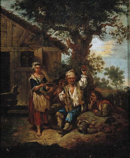 Johann Conrad Seekatz - A violinist accompanied by travellers outside an inn