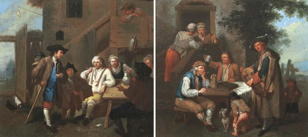 Johann Conrad Seekatz - Peasants smoking and drinking outside an inn; A musician standing nearby smoking and resting peasants outside an inn