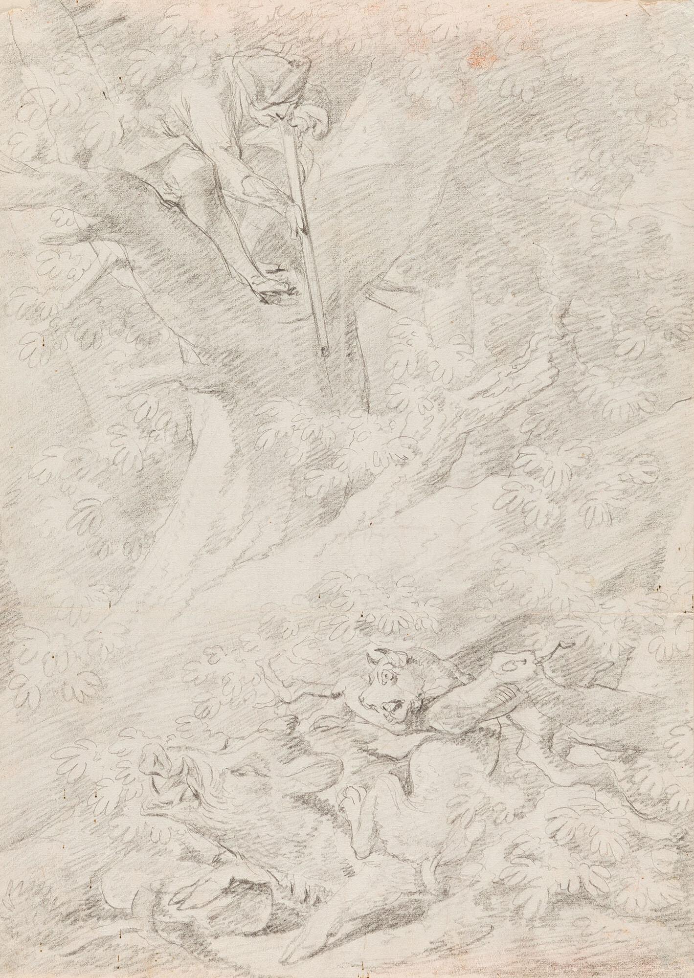 Johann Elias Ridinger - 2 Bll.: Jäger erschießt Luchs – „Doch auch der Vögel Wuth …“.