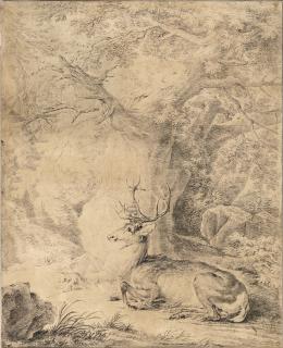 Johann Elias Ridinger - A Stag Lying Under A Large Tree