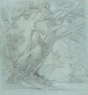 Johann Elias Ridinger - „Ein Hirsch mit einem Stück Wild und Hirsch Kalb in der Ruhe“.