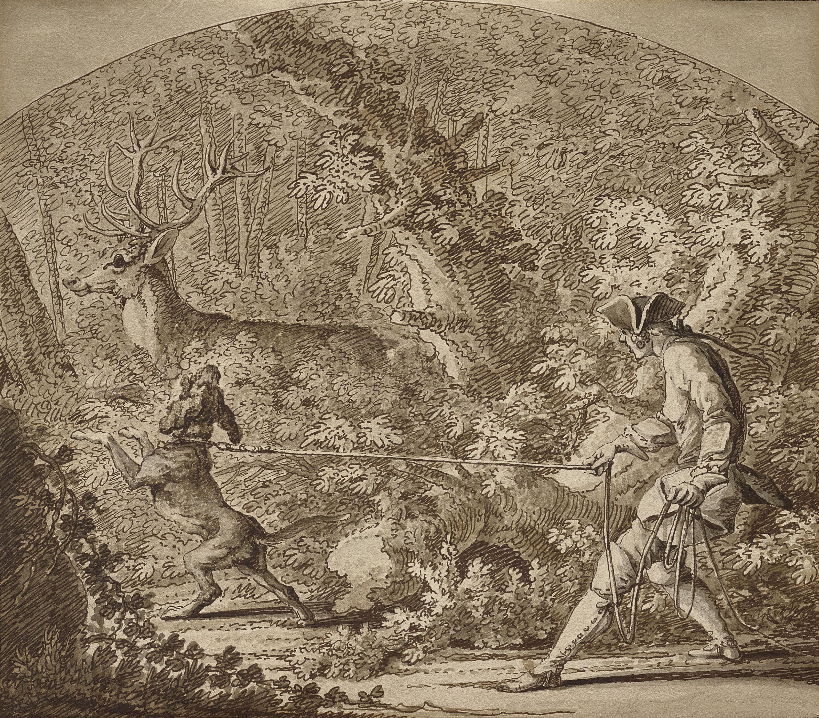 Johann Elias Ridinger - Gentilhomme et son chien en laisse surprenant un cerf