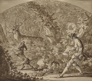 Johann Elias Ridinger - Gentilhomme et son chien en laisse surprenant un cerf