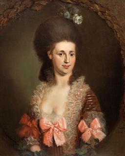 Johann Ernst Heinsius - Portrait of a lady, half-length, in a pink dress, within a feigned oval of oak leaves
