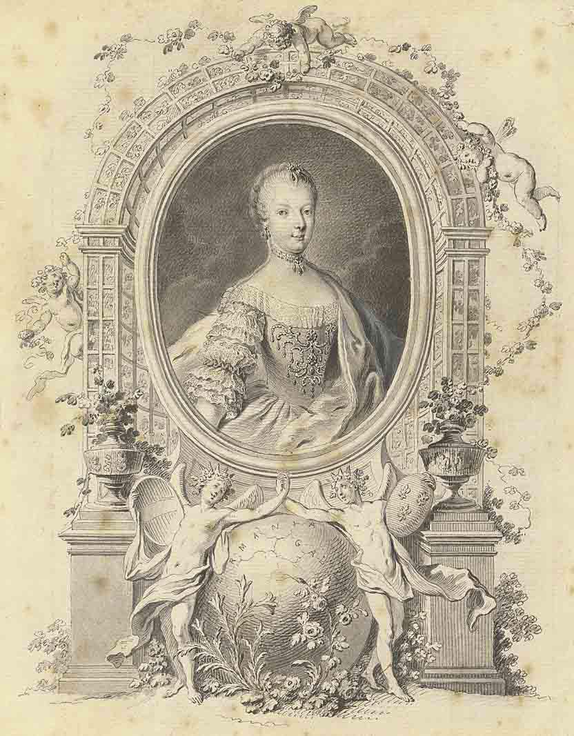 Johann Esaias Nilson - Portrait of Queen Marie-Antoinette in a fictive frame, surrounded by an arbour and with allegorical figures of Germania and Gallia united below, flanking the globe