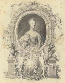 Johann Esaias Nilson - Portrait of Queen Marie-Antoinette in a fictive frame, surrounded by an arbour and with allegorical figures of Germania and Gallia united below, flanking the globe
