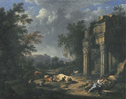 Johann Franz Ermels - A wooded landscape with travellers resting amongst classical ruins