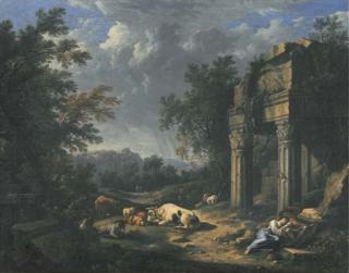 Johann Franz Ermels - A wooded landscape with travellers resting amongst classical ruins