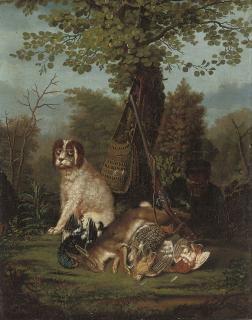 Johann Friederich Seupel - A wooded clearing with a huntsman at rest with his hound and a dead hare, woodcock and other birds