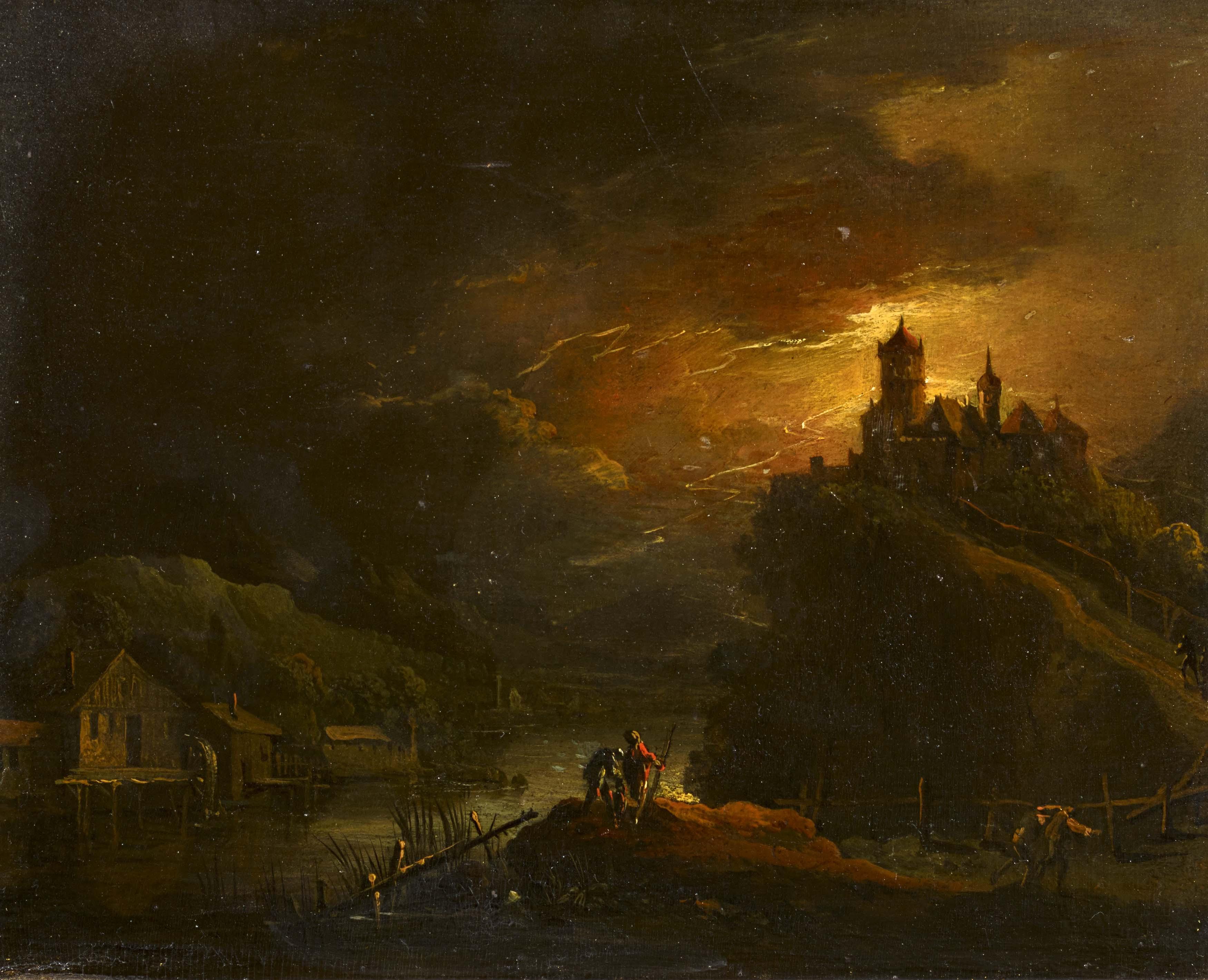 Johann Friedrich Alexander Thiele - Flusslandschaft mit Burg im Mondlicht.