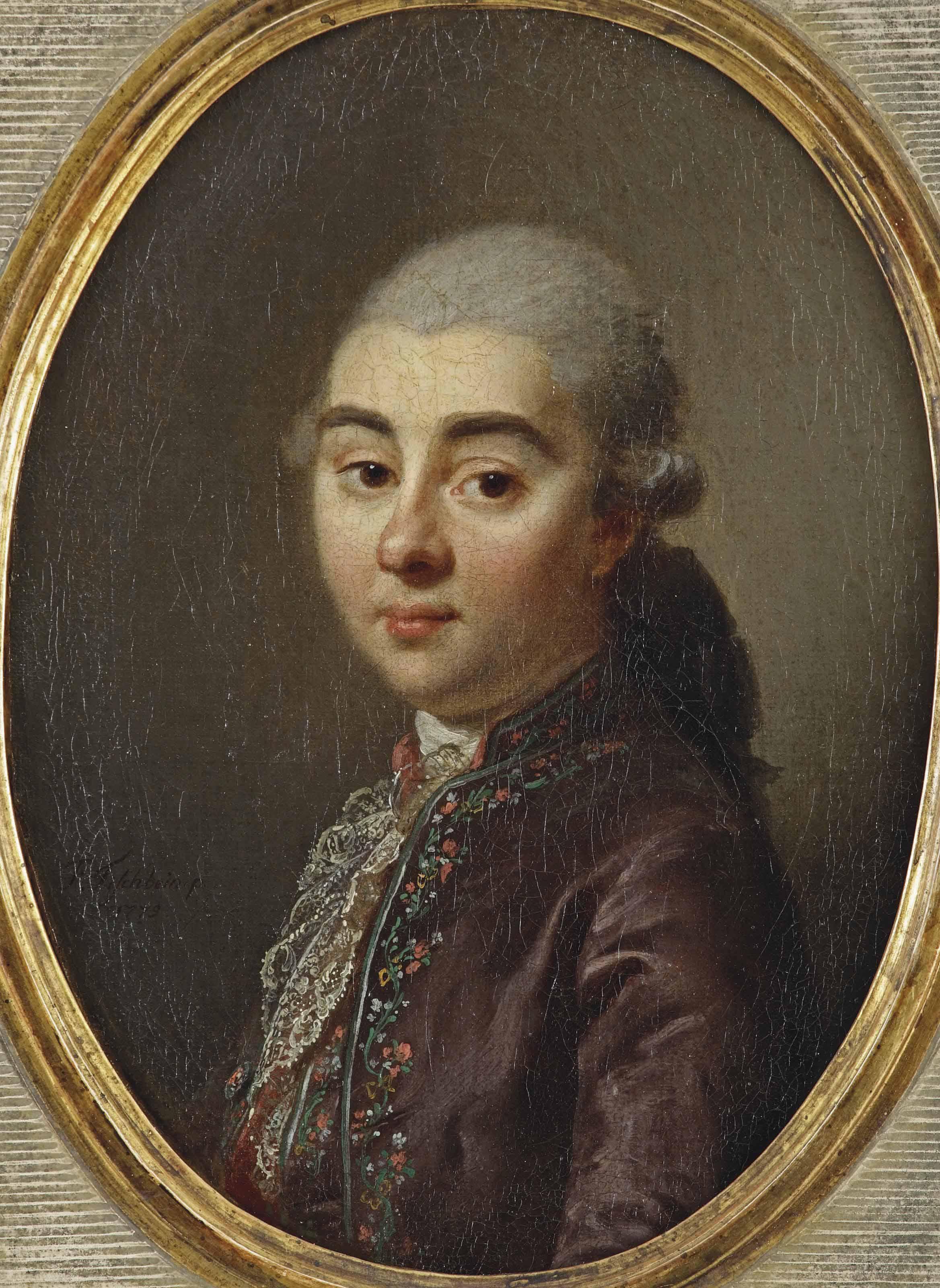 Johann Friedrich August Tischbein - Portrait of a gentleman, bust-length, in an embroidered plum coat with lace stocking