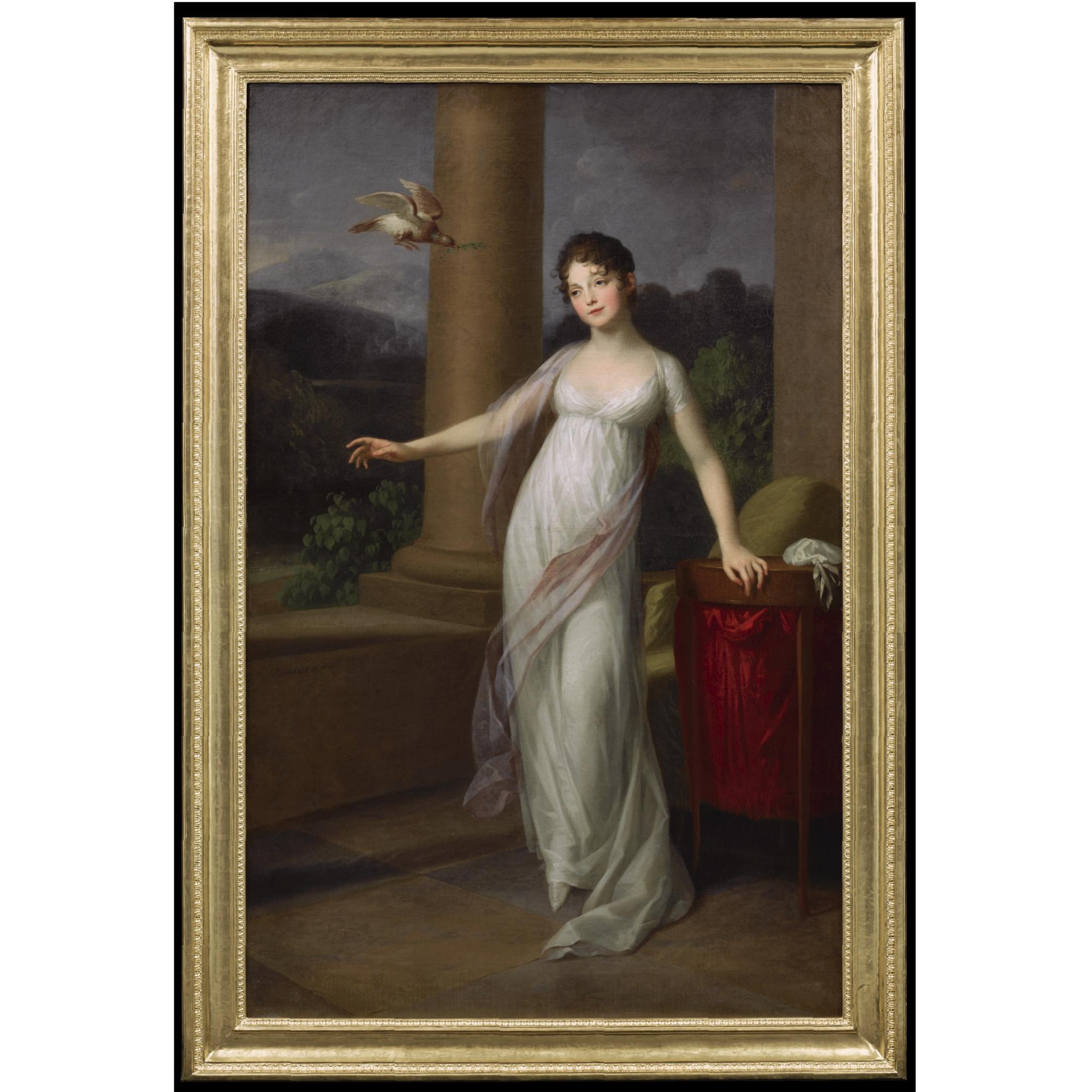 Johann Friedrich August Tischbein - Portrait Of Amalie Von Levetzow, Née Von Brösigke, Later Countess Of Klebelsberg (1788-1868), Standing Full Length On A Terrace, Wearing A White Silk Dress With A Pink Shawl, With A Dove 