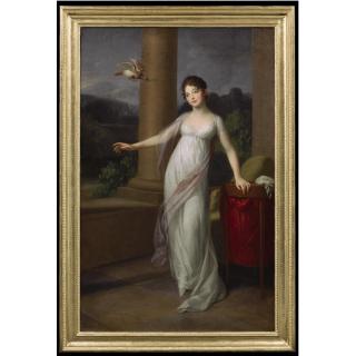 Johann Friedrich August Tischbein - Portrait Of Amalie Von Levetzow, Née Von Brösigke, Later Countess Of Klebelsberg (1788-1868), Standing Full Length On A Terrace, Wearing A White Silk Dress With A Pink Shawl, With A Dove 