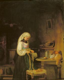 Johann Friedrich Carl Kreul - Ein Mädchen schmückt den Hut ihres Geliebten.