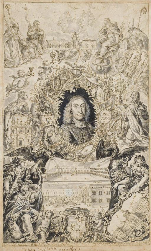 Johann Friedrich I Pereth - An allegory with the portrait of Johann Ernst von Thun, Prince Archbishop of Salzburg, in an oval surrounded by saints and allegorical female figures