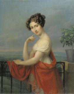 Johann Friedrich Matthai - Portrait of a young lady with a red shawl, standing by a balcony
