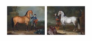 Johann-Georg De Hamilton - A Bay Stallion Held By A Groom In A Landscape; And An Arab Stallion Held By A Groom In Oriental Costume, In A Landscape