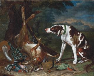 Johann Georg de Hamilton - A Pointer With A Hare, A Musket, A Hunting Horn, Finches And Other Birds, In A Landscape