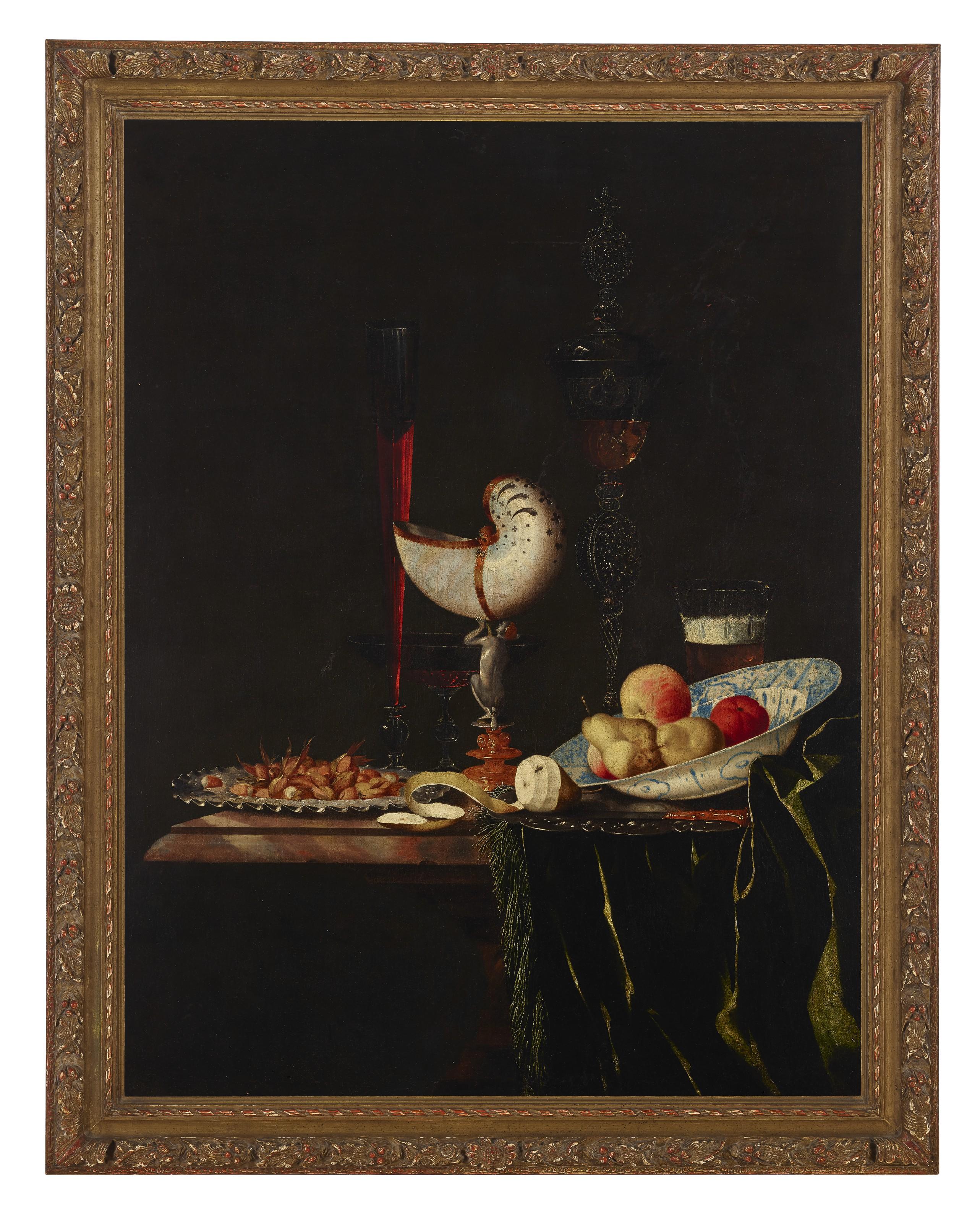 Johann Georg Hinz - A Nautilus Cup, A Flute, A Façon-De-Venise And A Wine And Beer Glass With Nuts On A Silver Charger, A Peeled Lemon And Fruit In A Kraak Porcelain Bowl On A Partially Draped Stone Table