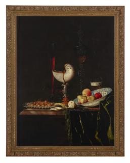 Johann Georg Hinz - A Nautilus Cup, A Flute, A Façon-De-Venise And A Wine And Beer Glass With Nuts On A Silver Charger, A Peeled Lemon And Fruit In A Kraak Porcelain Bowl On A Partially Draped Stone Table