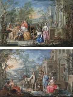 Johann Georg Platzer - A company making music in the grounds of a country villa; and A family outside their villa with an extensive river landscape beyond